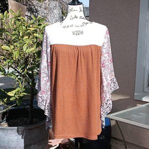 NWOT Ribbed Sheer Angel Sleeve Peasant Top Blouse XL Patchwork Mixed Fabric